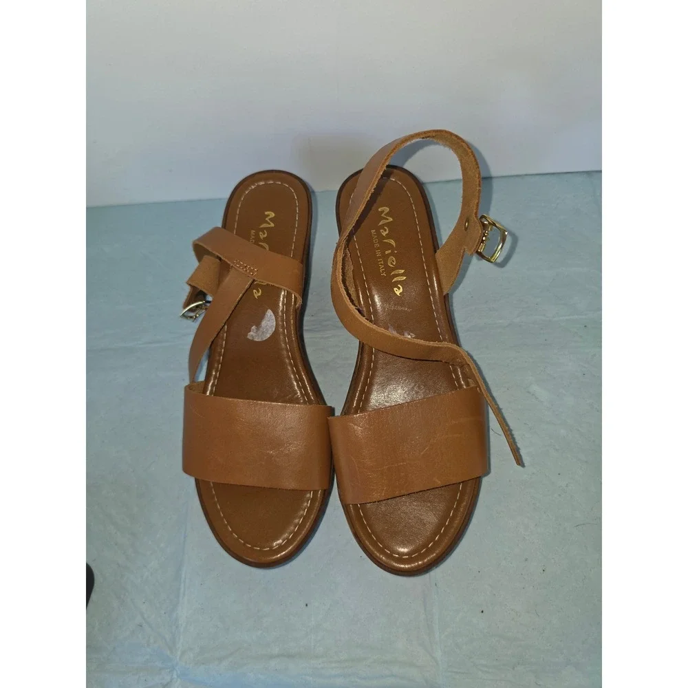 Mariella Tan Leather Wedge Sandals Made in Italy Wood Platform Ankle Strap 3.5